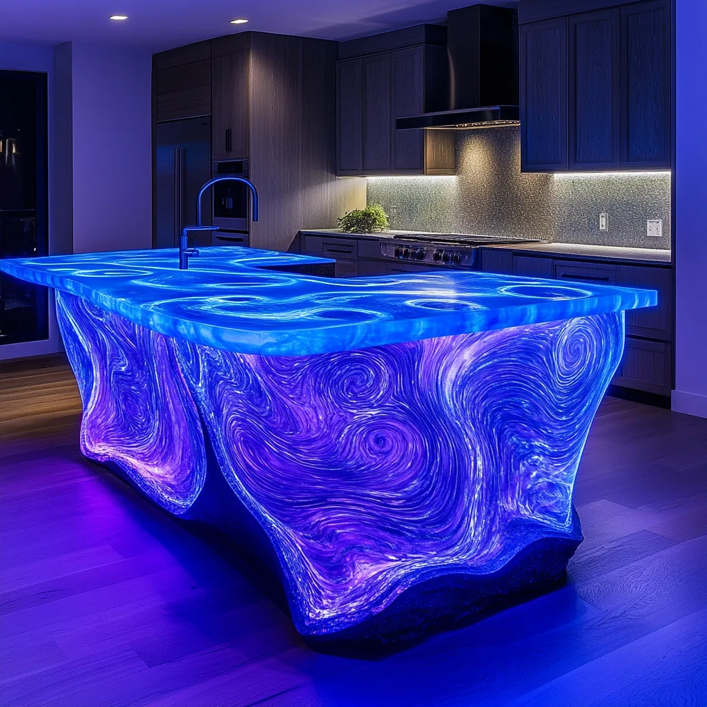 Glowing Swirly Blue Kitchen Island