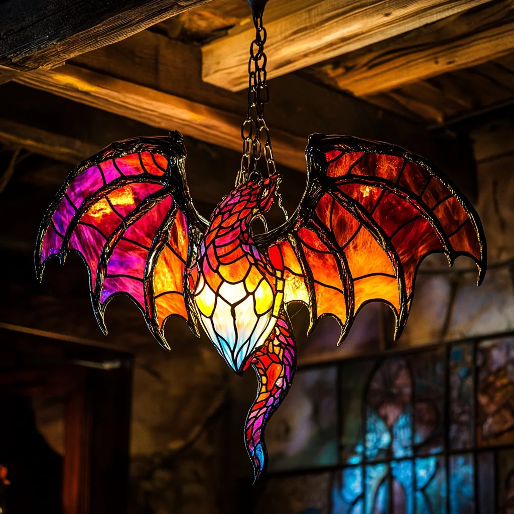 Rainbow Stained Glass Dragon Chandeliers