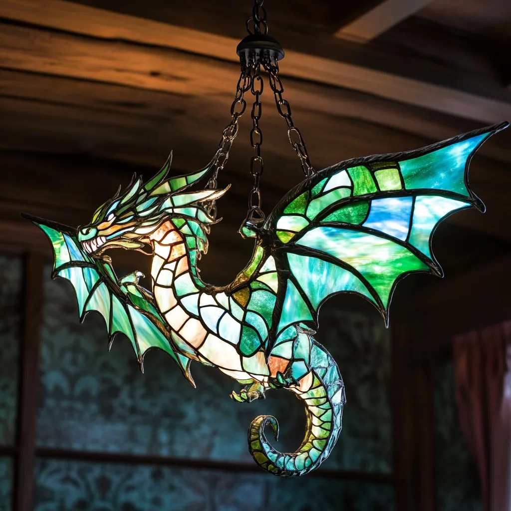 Rainbow Stained Glass Dragon Chandeliers