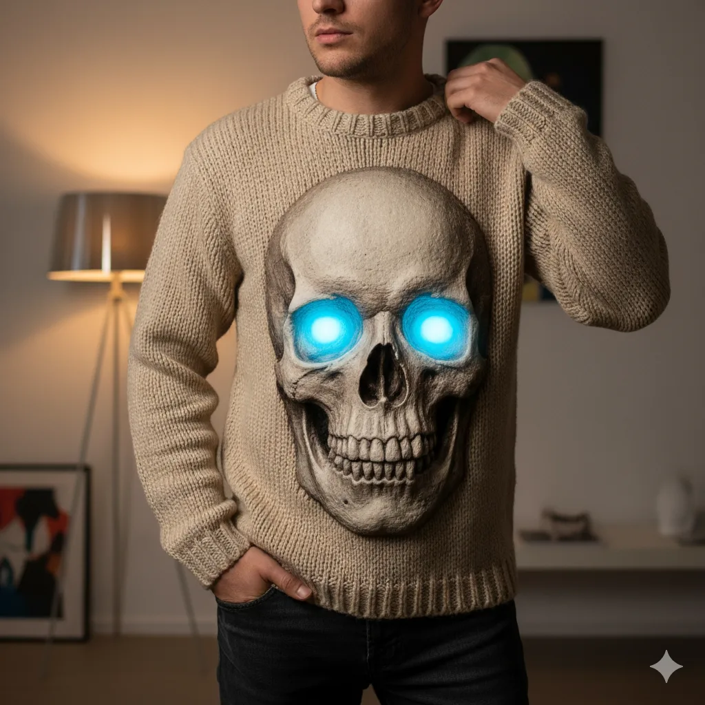 A person wearing a black sweater with a prominent, intricately designed 3D skull on the front, showcasing its depth and texture.