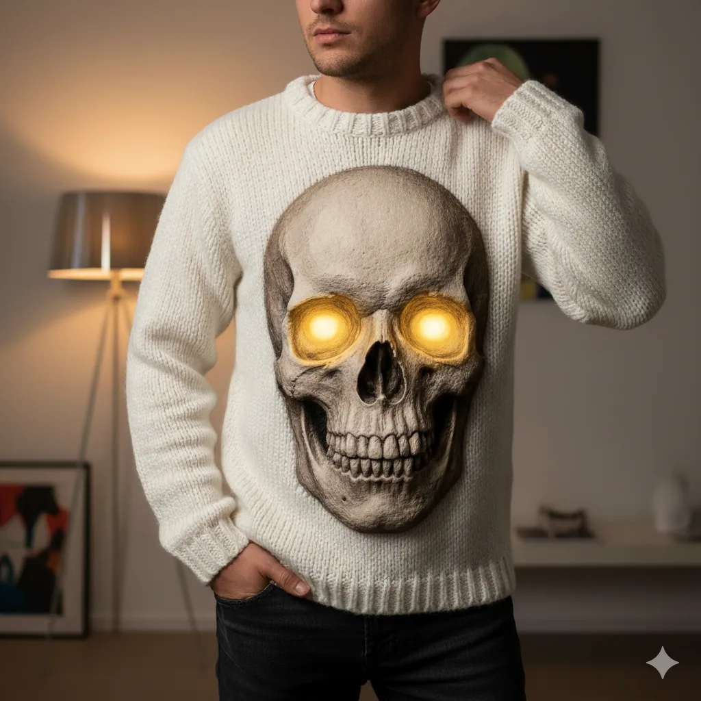 A model poses in a black 3D skull sweater, highlighting the detailed texture and dimensionality of the skull design.