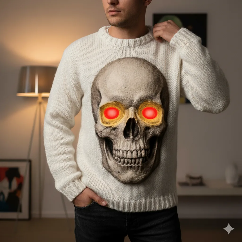 A detailed shot of the 3D skull sweater, emphasizing the textures created by raised embroidery and layered fabric.