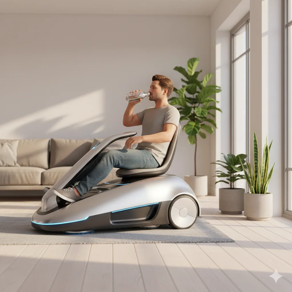 A person riding a large, industrial-style vacuum cleaner across a wide, open floor.