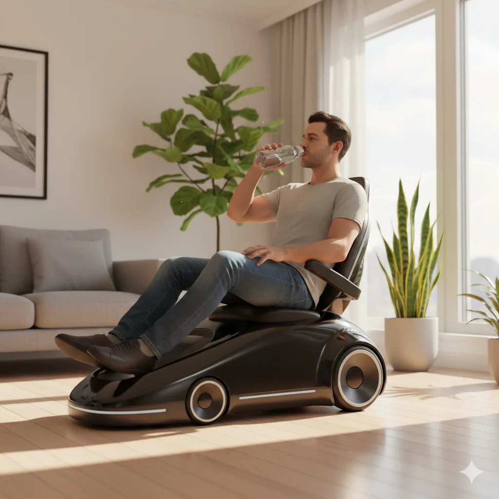 A person smiling while comfortably operating a riding vacuum cleaner in a large residential space.