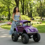 Green VW Beetle stroller folded for storage.